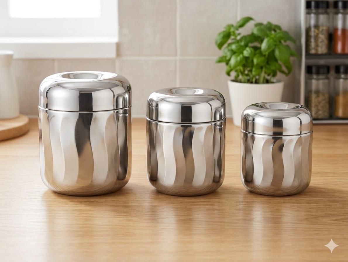 SS-DABBA-001-stainless-steel-storage-dabba-set-3-pcs-plain-glossy.jpg Stainless Steel Storage Dabba Set - 3 Pcs (Plain Glossy) - Image 1
