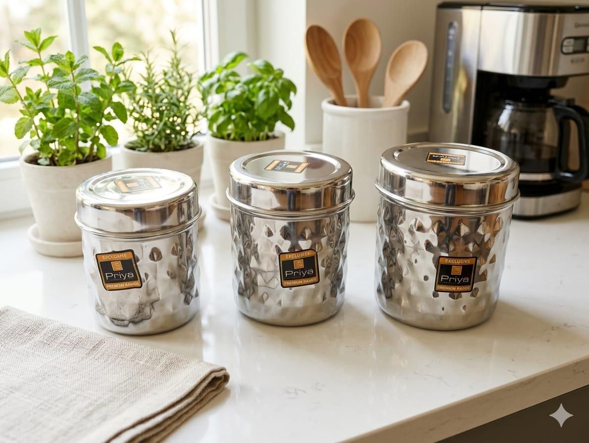 SS-DABBA-004-priya-exclusive-stainless-steel-diamond-dabba-set-3-pcs.jpg Priya Exclusive Stainless Steel Diamond Dabba Set - 3 Pcs - Image 1