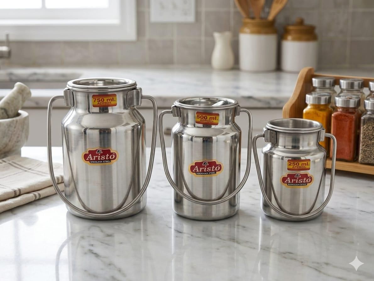 SS-DABBA-005-aristo-stainless-steel-milk-can-airtight-dabba-set-3-pcs.jpg Aristo Stainless Steel Milk Can / Airtight Dabba Set - 3 Pcs - Image 1