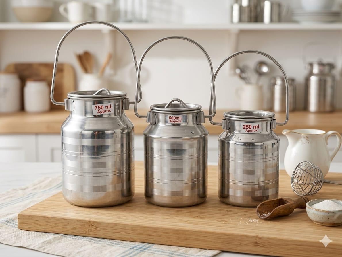 SS-DABBA-006-stainless-steel-milk-can-style-dabba-set-with-handle-3-pcs.jpg Stainless Steel Milk Can Style Dabba Set with Handle - 3 Pcs - Image 1