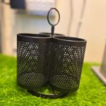 Black Perforated Metal Rotating Utensil Holder with 3 Compartments