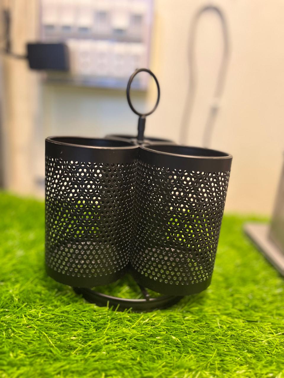 WhatsApp Image 2026-07-17 at 8.39.12 PM (6) Black Perforated Metal Rotating Utensil Holder with 3 Compartments - Image 1