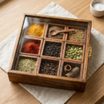 Wooden 9-Compartment Spice Box with Glass Lid