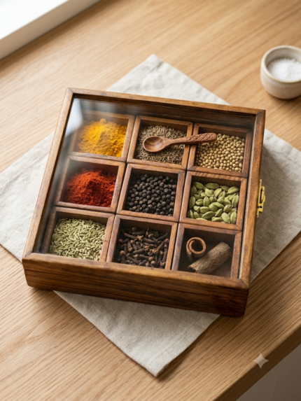 Wooden 9-Compartment Spice Box with Glass Lid