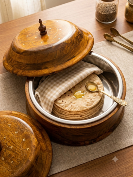 Wooden Roti Box with Stainless Steel Inner Bowl & Lid